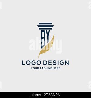 BY monogram initial logo with pillar and feather design, law firm logo inspiration Stock Vector