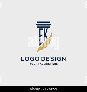EK monogram initial logo with pillar and feather design, law firm logo inspiration Stock Vector