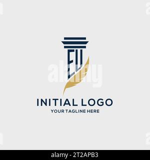 EU monogram initial logo with pillar and feather design, law firm logo inspiration Stock Vector