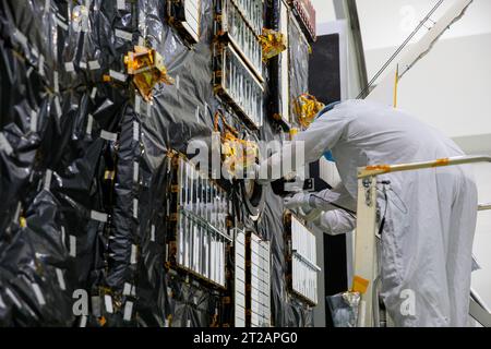 NASA's Psyche Solar Array Integration and Walkout. Team members prepare ...