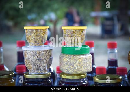 Jars with different kinds of fruit and vegetable juices in market. Berovo, Macedonia Stock Photo