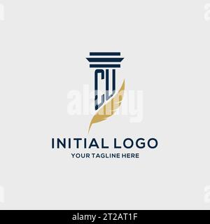 CU monogram initial logo with pillar and feather design, law firm logo inspiration Stock Vector