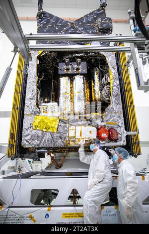 Technicians at NASA’s Astrotech facility in Titusville, Florida ...