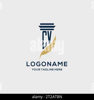CV monogram initial logo with pillar and feather design, law firm logo inspiration Stock Vector