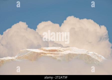 tone podium tabletop floor in outdoor on blue sky pastel white soft cloud blur background.Beauty cosmetic product placement pedestal present promotion Stock Photo