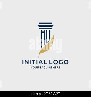 MU monogram initial logo with pillar and feather design, law firm logo inspiration Stock Vector