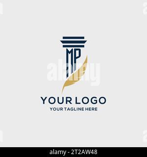 MP monogram initial logo with pillar and feather design, law firm logo inspiration Stock Vector