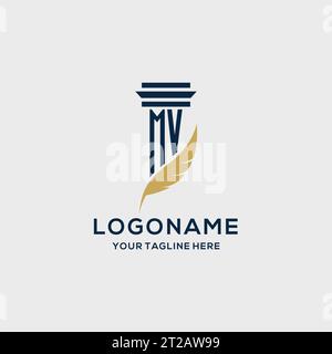MV monogram initial logo with pillar and feather design, law firm logo inspiration Stock Vector