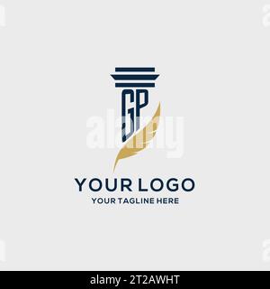 GP monogram initial logo with pillar and feather design, law firm logo inspiration Stock Vector