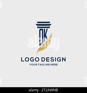 OK monogram initial logo with pillar and feather design, law firm logo inspiration Stock Vector