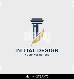 ML monogram initial logo with pillar and feather design, law firm logo inspiration Stock Vector