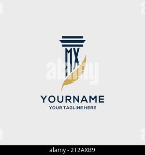 MX monogram initial logo with pillar and feather design, law firm logo inspiration Stock Vector