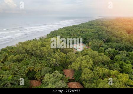 Tennis court next to beach around palm trees aerial drone view Stock Photo