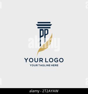 PP monogram initial logo with pillar and feather design, law firm logo inspiration Stock Vector