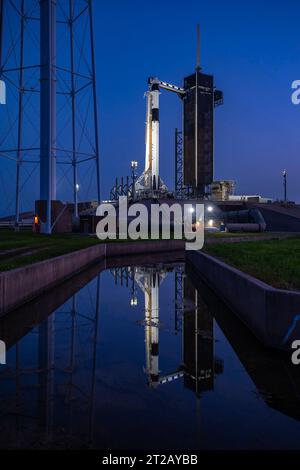 NASA's SpaceX Crew-7 at LC 39A - Sunset. SpaceX’s Dragon spacecraft, named Endurance, atop the company’s Falcon 9 rocket, stands tall at the pad at Launch Complex 39A at NASA’s Kennedy Space Center in Florida on Monday, Aug. 21, 2023. NASA astronaut Jasmin Moghbeli, ESA (European Space Agency) astronaut Andreas Mogensen, JAXA (Japan Aerospace Exploration Agency) astronaut Satoshi Furukawa, and Roscosmos cosmonaut Konstantin Borisov, who arrived at Kennedy on Sunday, Aug. 20, 2023, will fly to the International Space Station on NASA’s SpaceX Crew-7 mission. Liftoff is targeted for 3:50 a.m. EDT Stock Photo