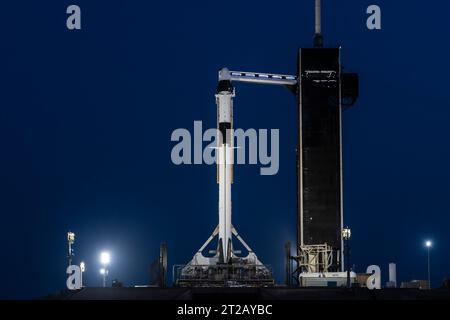 NASA's SpaceX Crew-7 at LC 39A - Sunset. SpaceX’s Dragon spacecraft, named Endurance, atop the company’s Falcon 9 rocket, stands tall at the pad at Launch Complex 39A at NASA’s Kennedy Space Center in Florida on Monday, Aug. 21, 2023. NASA astronaut Jasmin Moghbeli, ESA (European Space Agency) astronaut Andreas Mogensen, JAXA (Japan Aerospace Exploration Agency) astronaut Satoshi Furukawa, and Roscosmos cosmonaut Konstantin Borisov, who arrived at Kennedy on Sunday, Aug. 20, 2023, will fly to the International Space Station on NASA’s SpaceX Crew-7 mission. Liftoff is targeted for 3:50 a.m. EDT Stock Photo