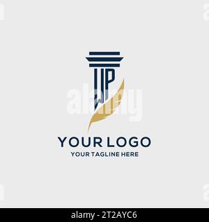 WP monogram initial logo with pillar and feather design, law firm logo inspiration Stock Vector