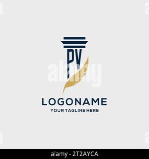 PV monogram initial logo with pillar and feather design, law firm logo inspiration Stock Vector