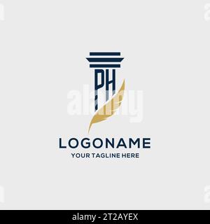PH monogram initial logo with pillar and feather design, law firm logo inspiration Stock Vector