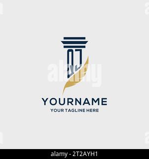 QJ monogram initial logo with pillar and feather design, law firm logo inspiration Stock Vector