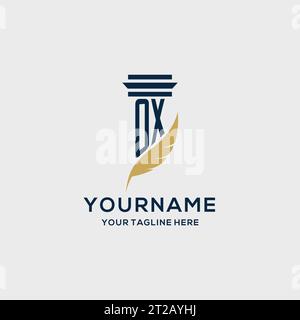OX monogram initial logo with pillar and feather design, law firm logo inspiration Stock Vector