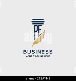 PE monogram initial logo with pillar and feather design, law firm logo inspiration Stock Vector