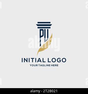 PU monogram initial logo with pillar and feather design, law firm logo inspiration Stock Vector