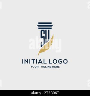 SU monogram initial logo with pillar and feather design, law firm logo inspiration Stock Vector