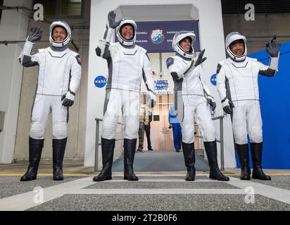 NASA’s SpaceX Crew-7 Live Launch Coverage. NASA’s SpaceX Crew-7 crew members, from left, Roscosmos cosmonaut Konstantin Borisov, ESA (European Space Agency) astronaut Andreas Mogensen, NASA astronaut Jasmin Moghbeli, and JAXA (Japan Aerospace Exploration Agency) astronaut Satoshi Furukawa acknowledge family and friends on Saturday, Aug. 26, 2023, outside of the Neil Armstrong Operations and Checkout Building at NASA’s Kennedy Space Center in Florida. Next, they will get into the customized Tesla Model X vehicles that will transport them to Kennedy’s Launch Complex 39A. SpaceX’s Dragon spacecra Stock Photo