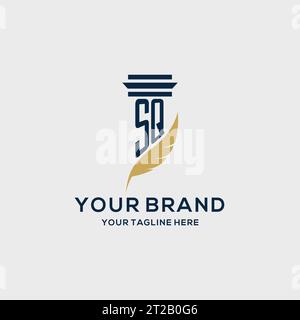 SQ monogram initial logo with pillar and feather design, law firm logo inspiration Stock Vector
