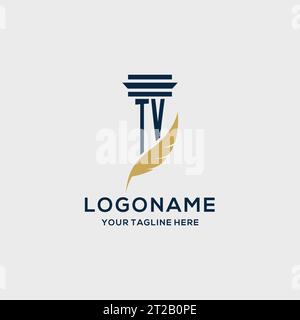 TV monogram initial logo with pillar and feather design, law firm logo inspiration Stock Vector