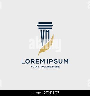 VM monogram initial logo with pillar and feather design, law firm logo inspiration Stock Vector