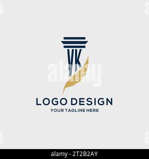 VK monogram initial logo with pillar and feather design, law firm logo inspiration Stock Vector