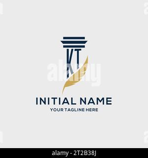 KT monogram initial logo with pillar and feather design, law firm logo inspiration Stock Vector