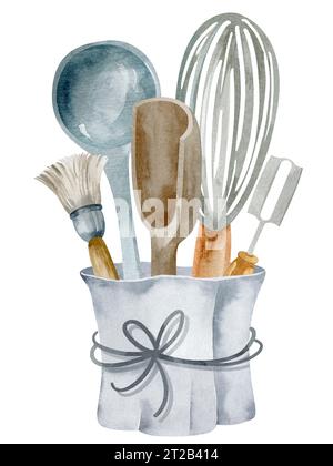 Сulinary tool on an isolated background. Designer set of kitchen appliances in watercolor. The illustration of the DIY home tool is hand-drawn. Stock Photo