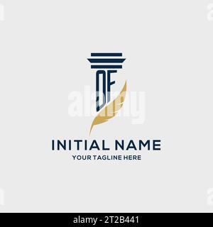 OF monogram initial logo with pillar and feather design, law firm logo inspiration Stock Vector