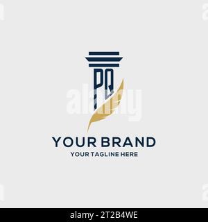 PQ monogram initial logo with pillar and feather design, law firm logo inspiration Stock Vector