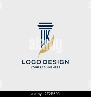 WK monogram initial logo with pillar and feather design, law firm logo inspiration Stock Vector
