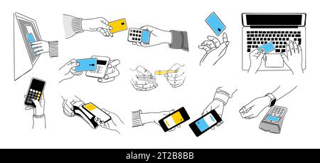 Set of hands making contactless payment vector. Stock Vector