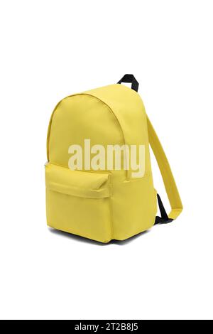 close up trendy fashionable school backpack yellow color isolated on white background with clipping path. side view shoulder strap bag. Stock Photo