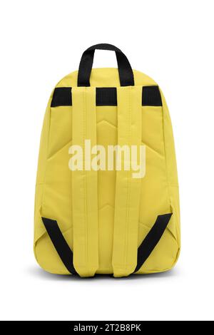 close up trendy fashionable school backpack yellow color isolated on white background with clipping path. back view shoulder strap bag. Stock Photo