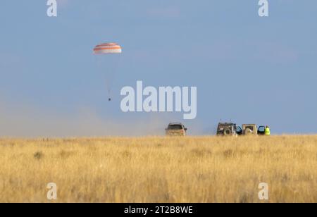 Expedition 69 Soyuz Landing. The Soyuz MS-23 spacecraft is seen as it lands in a remote area near the town of Zhezkazgan, Kazakhstan with Expedition 69 NASA astronaut Frank Rubio, Roscosmos cosmonauts Dmitri Petelin and Sergey Prokopyev, Wednesday, Sept. 27, 2023. The trio are returning to Earth after logging 371 days in space as members of Expeditions 68-69 aboard the International Space Station. For Rubio, his mission is the longest single spaceflight by a U.S. astronaut in history. Photo Credit (NASA/Bill Ingalls) Stock Photo