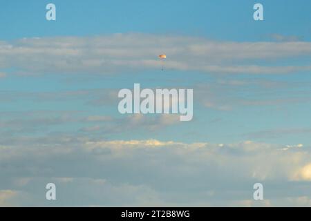 Expedition 69 Soyuz Landing. The Soyuz MS-23 spacecraft is seen as it lands in a remote area near the town of Zhezkazgan, Kazakhstan with Expedition 69 NASA astronaut Frank Rubio, Roscosmos cosmonauts Dmitri Petelin and Sergey Prokopyev, Wednesday, Sept. 27, 2023. The trio are returning to Earth after logging 371 days in space as members of Expeditions 68-69 aboard the International Space Station. For Rubio, his mission is the longest single spaceflight by a U.S. astronaut in history. Photo Credit (NASA/Bill Ingalls) Stock Photo