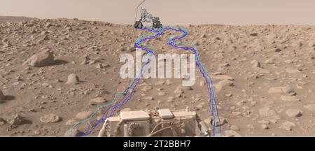 . Perseverance's AutoNav Leads the Way. This annotated composite image shows the path NASA's Perseverance Mars rover took through a dense section of boulders. It was acquired on June 29, 2023, the 838th day, or sol, of the mission, by one of the rover's navigation cameras and was annotated using the Robot Sequencing and Visualization Program. The pale blue line indicates the course of the center of the rover's front wheel hubs, while the darker blue lines show the paths taken by the bottom of the rover's six wheels. With the help of its self-driving autonomous navigation system, AutoNav, Perse Stock Photo