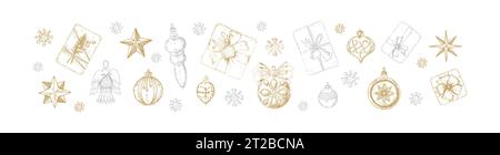 Set of luxury golden and silver Merry Christmas snd Happy New Year decoration. Christmas tree balls, angel figure, stars and gift boxes in sketch styl Stock Vector
