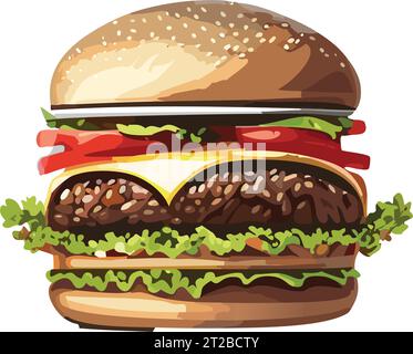 Cartoon tasty big hamburger with cheese and sesame seeds isolated on white background. Vector sticker icon. Stock Vector