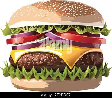 Cartoon tasty big hamburger with cheese and sesame seeds isolated on white background. Vector sticker icon. Stock Vector