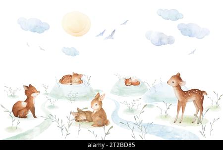 Cute Forest Animals Watercolor Clipart, Morning Forest Illustrations, Premade Composition, Hand Drawn Watercolor Clip Art, Hand Drawn Watercolor Baby Stock Photo