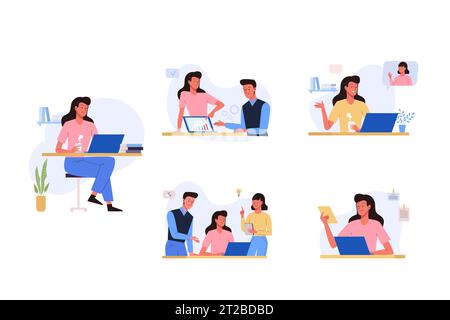 Office working process Set. Woman sitting at the table with laptop, communicates with colleagues, discussing project on dashboard. Business people ill Stock Vector