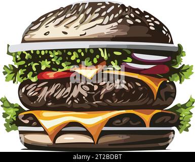 Cartoon tasty big hamburger with cheese and sesame seeds isolated on white background. Vector sticker icon. Stock Vector